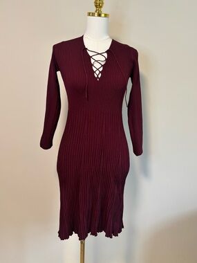 NWT Sandro Paris DAY Bordeaux Ribbed Knit Lace-Up Dress Size 3 L $295